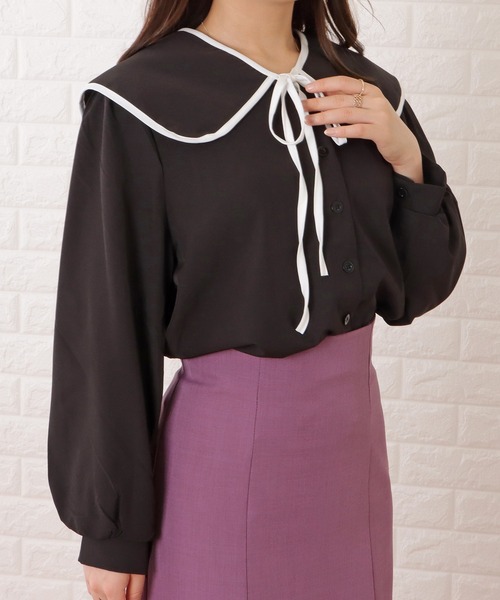 ブラウス シャツ レディース 婦人服 トップス セーラーカラー 長袖 パイピング ビッグカラー ステッチ 前ボタン おしゃれ かわいい 普段使い デイ 楽天市場】パイピング配色ビッグセーラーカラー長袖ブラウス