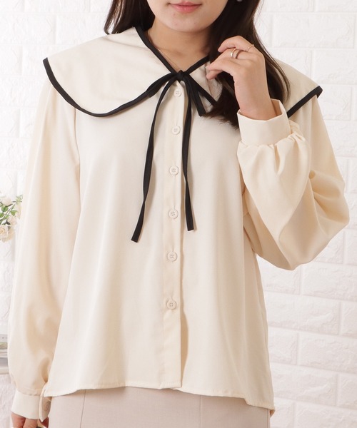 新品未使用　フラメンコ長袖ブラウスフーシャピンク Lace Ladies ブラウス シャツ パイピング配色ビッグセーラー