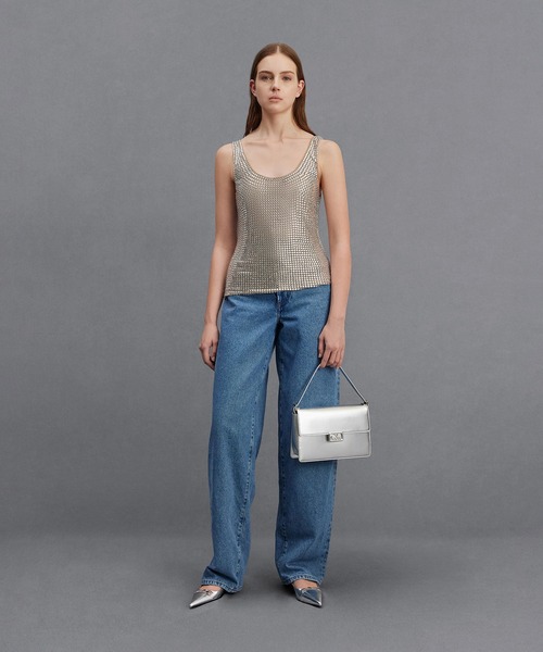 Charles&Keithレザーショルダーバッグ メッシュ&レザー モノグラムショルダーバッグ - ブラック