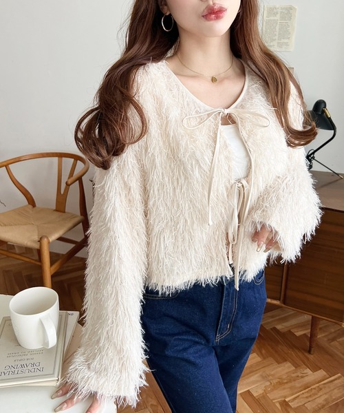 moment+ カーディガン 前後2WAYショート丈フリンジリボンカーディガン