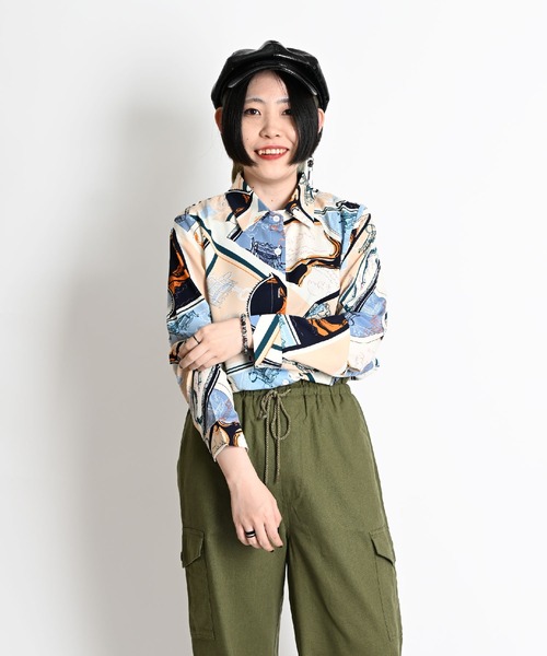 marai ブラウス シャツ スカーフ柄 長袖総柄シャツ レギュラー