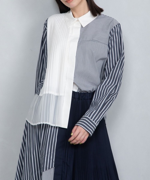 マルシャルテル　プルオーバー　シャツ　プリーツ　ブラウス　マルシャルテル　シャツ MARECHAL TERRE ブラウス シャツ ストライププリーツシャツ