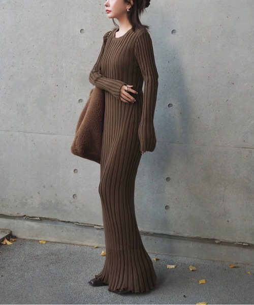 ワンピース rib knit waist ribbon long dress /リブ ニット