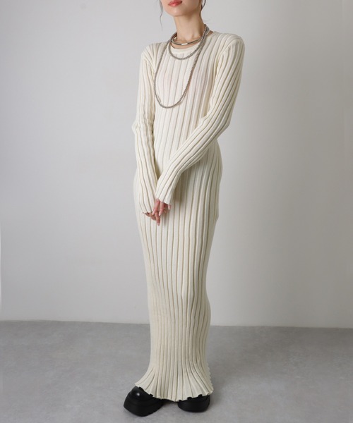 ワンピース rib knit waist ribbon long dress /リブ ニット ウエスト