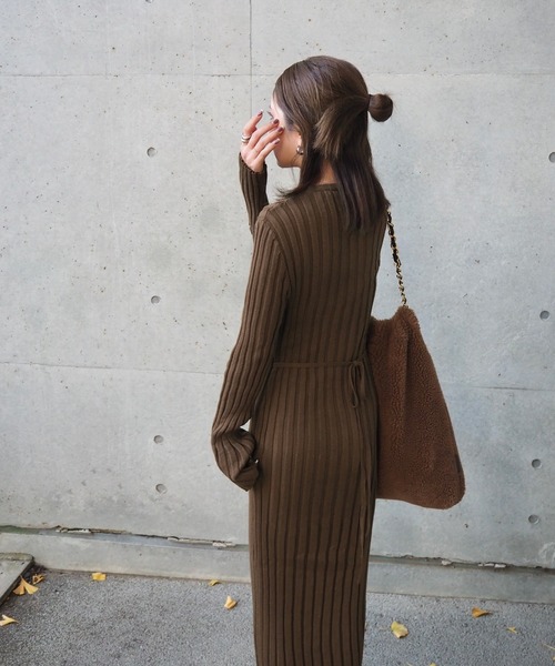 ワンピース rib knit waist ribbon long dress /リブ ニット ウエスト