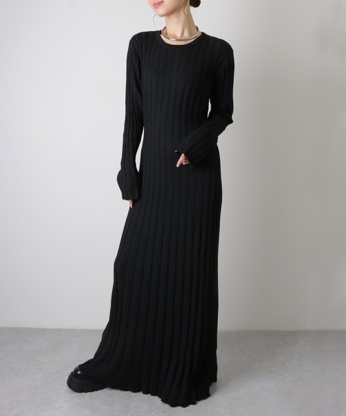ワンピース rib knit waist ribbon long dress /リブ ニット ウエスト