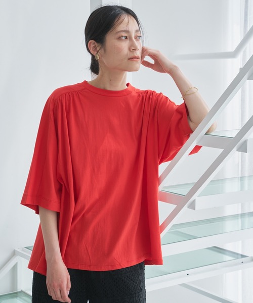 tシャツ 五分袖ギャザービッグTシャツ-手洗い可- レディース