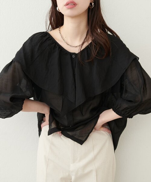 natural couture ブラウス シャツ V開きフリルシアーブラウス