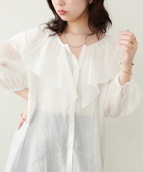 natural couture ブラウス シャツ V開きフリルシアーブラウス