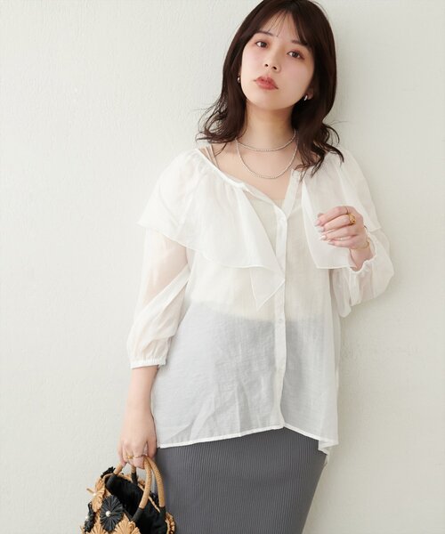 natural couture ブラウス シャツ V開きフリルシアーブラウス