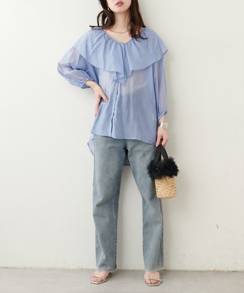 natural couture ブラウス シャツ V開きフリルシアーブラウス