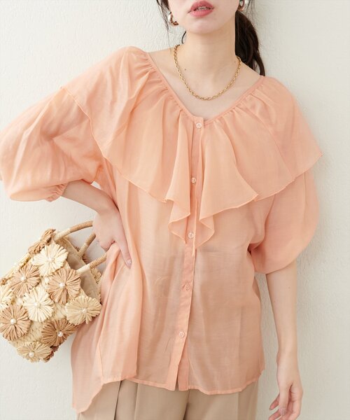 natural couture ブラウス シャツ V開きフリルシアーブラウス