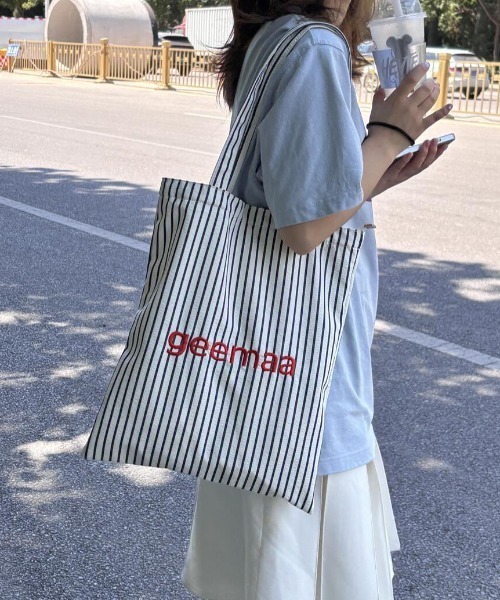 Merci トート デニムストライプ トートバッグ ストライプ＆ロゴ