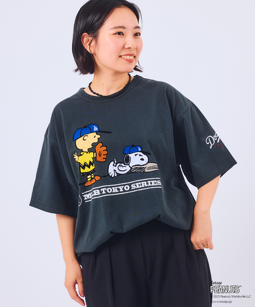 スヌーピー PEANUTS MLB Tシャツ 開幕戦 PLAZA ドジャース PEANUTS 別注 MLB開幕戦 ベースボール プリントTシャツ