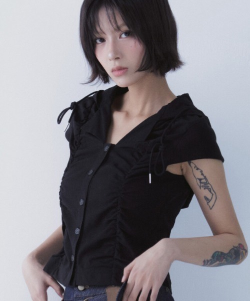 A'GEM/9 × .kom 「SETSETSET/セットセットセット」 MIDSUMMER SHIRRING HOODED SHIRT/ミッドサマー