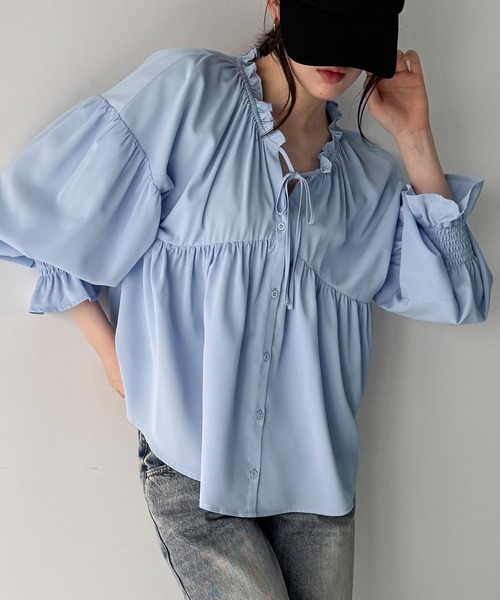 sono sononavy ベージュ　ペプラムギャザーブラウス JUNOAH（ジュノア） ブラウス シャツ Vネックペプラムギャザーブラウス