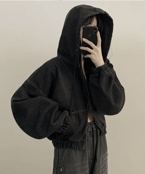 フーディーブルゾン黒りぃ様 lilful ブルゾン アウター 配色ステッチ ダブルジップ オーバーサイズ
