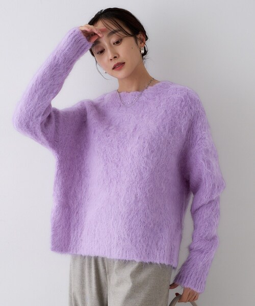 アルパカ混ふんわりパステルラベンダー 大きなフードが可愛いニット UNTITLED（アンタイトル） ニット セーター 「ゆったり」アルパカ混