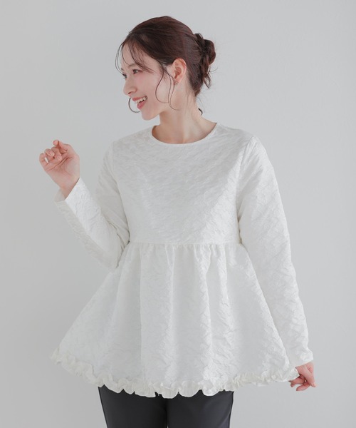 fitmore フラワージャガード裾フリルトップス Fit more（フィットモア） フラワージャガード裾フリルトップス