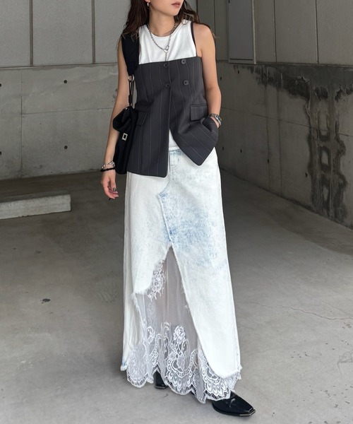 【新品タグ付き】AMERI デニムレースレイヤースカート 26インチ Ameri（アメリ） デニムスカート REMAKE LIKE DENIM LACE LAYERED