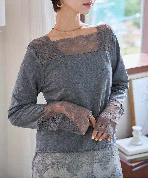 【完売品】Yilon LACE GATHER TOPSトップス　グレー 完売品】Yilon LACE GATHER TOPSトップス グレー