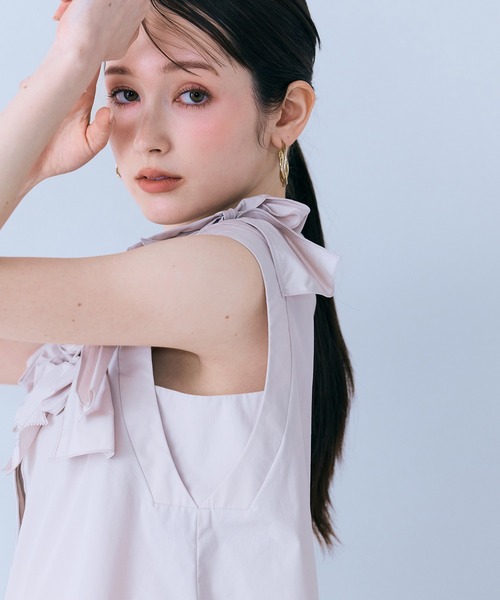 ブラウス シャツ リボンノースリーブブラウス レディースの画像