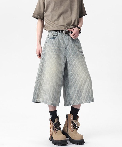 Ressaca（レサーカ） ワイドパンツ ジーンズ ダメージ加工ストライプ 