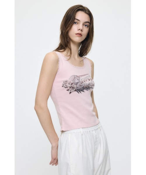 COYSEIO Lace Trim Puppy プリント　タンクトップ　トップ MOUSSY（マウジー） タンクトップ ノースリーブ LACE TRIM タンク