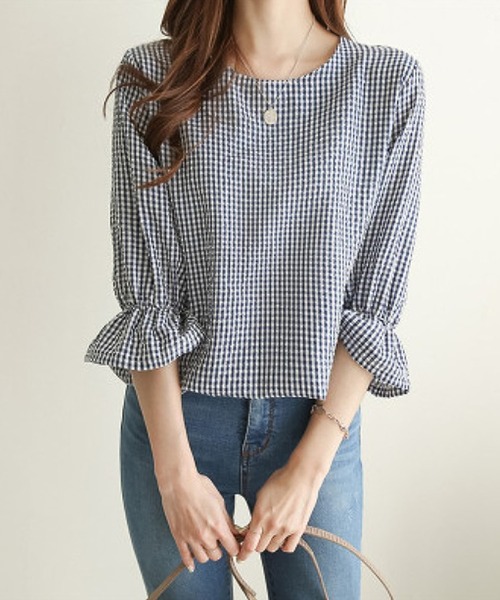 tシャツ Tシャツ ギンガムチェックフリルスリーブブラウス tシャツ Tシャツ ギンガムチェックフリルスリーブブラウス