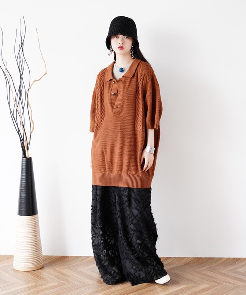 4-6【希少サイズ】美品サノバチーズケーブルポロシャツ オーバーサイズ XSサイズあり【an/アン】フロントジッパー/ ベルトデザイン
