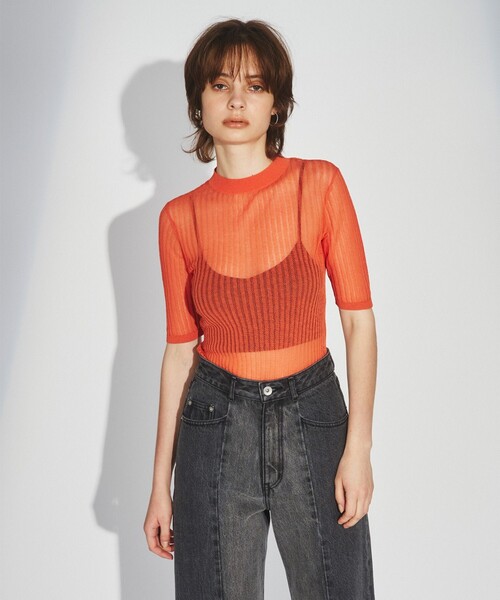 tシャツ シアーリブクルーニットトップ レディース