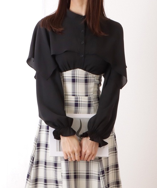 Lace Ladies ワンピース ケープカラー チェック柄 ドッキング ロング