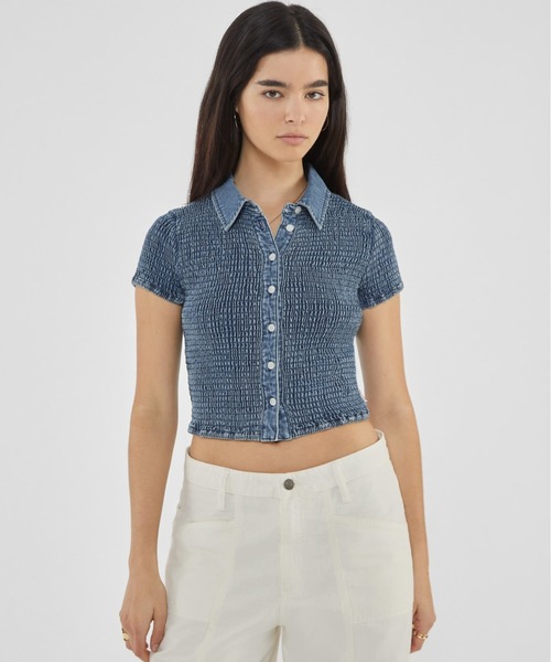 ブラウス シャツ GUESS Originals Smocked Button Up 半袖 デニムシャツ レディース