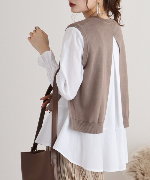 ブラウス シャツ A.N.L フレアブラウス×ニットベスト　セット レディース ブラウス シャツ A.N.L フレアブラウス×ニットベスト セット