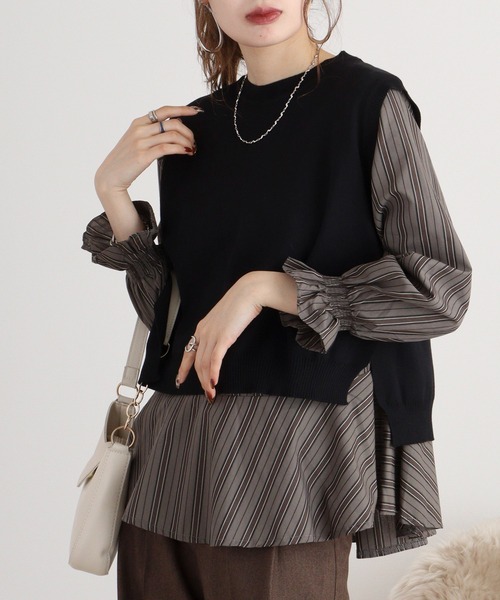 ブラウス シャツ A.N.L フレアブラウス×ニットベスト　セット レディース ブラウス シャツ A.N.L フレアブラウス×ニットベスト セット