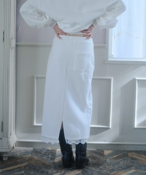 smyeon レース付きスウェットスカート ホワイト セール】Sweat lace skirt/レース付きスウェットスカート