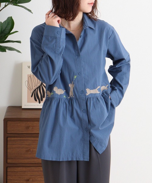 ブラウス シャツ EMAGO 走るネコ刺繍シャツ レディース