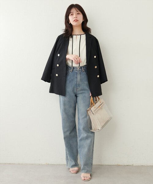 natural couture ブラウス シャツ メタルホック付き配色6分袖ブラウス 