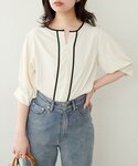 ブラウス シャツ メタルホック付き配色6分袖ブ...の詳細画像3