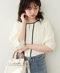 ブラウス シャツ メタルホック付き配色6分袖ブ...の詳細画像5