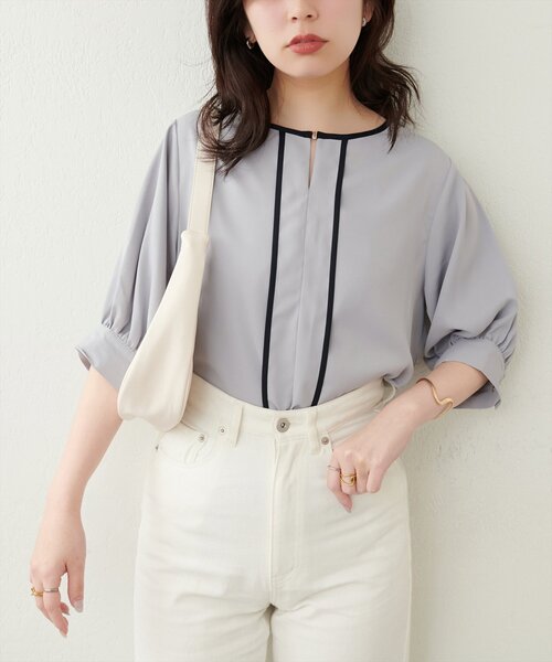 natural couture ブラウス シャツ メタルホック付き配色6分袖ブラウス 