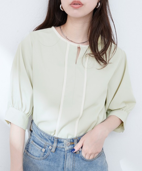 natural couture ブラウス シャツ メタルホック付き配色6分袖ブラウス 