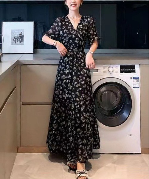 BLANC FICELLE ワンピース 半袖 花柄プリント ロングワンピース 