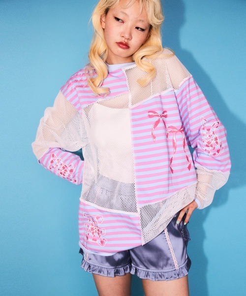 Candy Stripper tシャツ HEARTFUL FRIENDS PATCH WORK トップス