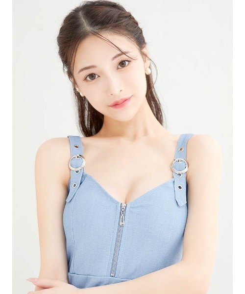 【新品未使用】DAZZY フロントジップチェーンラインパフスリーブ膝丈ドレス ツイードリボンフロントジップカットアウトAラインミニドレス