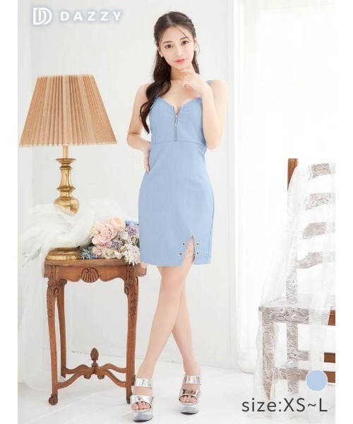 DAZZY ノースリーブミニワンピース ネイビー XS~L DAZZY ドレス フロントジップ デニムスリット チェーンベルト