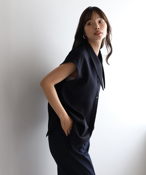 ENC ブラウス シャツ long collar french sleeve blouse / ロング