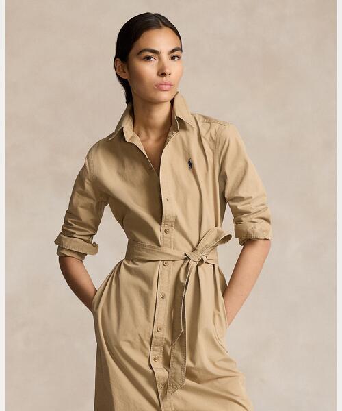 【RALPH LAUREN】ベルト付き コットンブレンド シャツワンピース セール】 ベルテッド リネン シャツドレス （ロング・マキシ丈