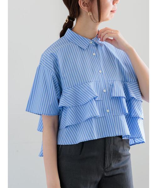 ブラウス シャツ フリルクロップトハーフスリーブシャツ レディース