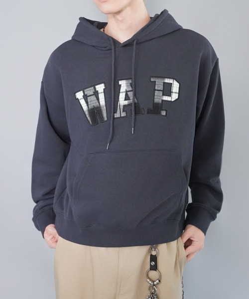 SPINNS パーカー 短丈スウェットパーカー/チェック/パッチワークロゴ